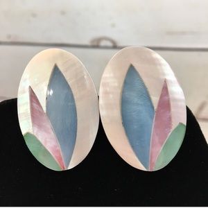 Vintage Feather Leaf Large Oval Post Earrings 80s 90s Pink Green Blue Pastel